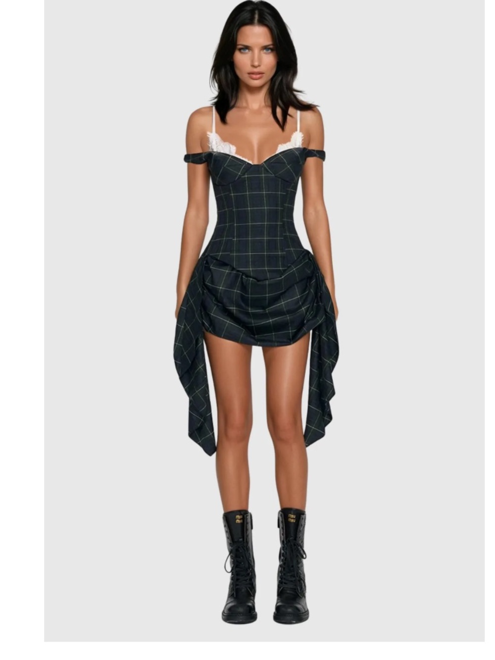 INNOVARE DENIM Plaid Off-Shoulder Corset Mini Dress in Black and Green NWT SMALL